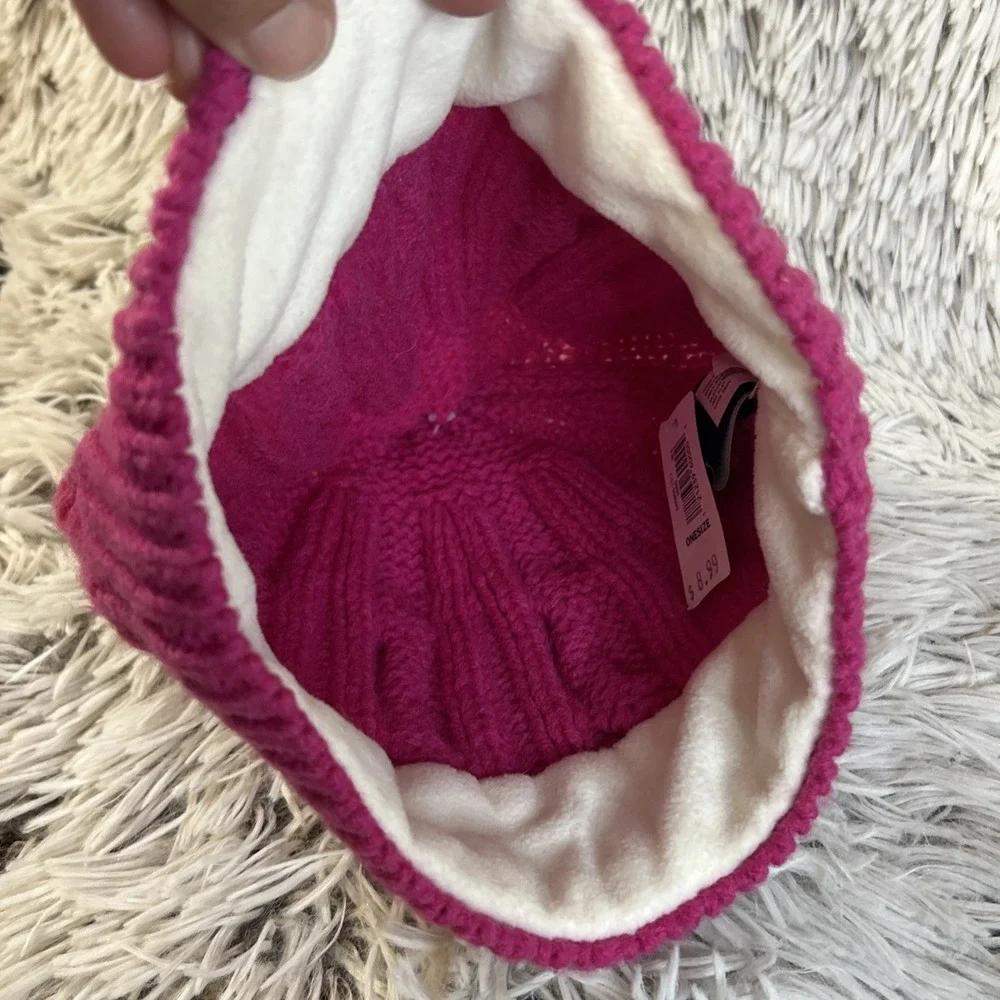 Vtg Y2K Pink Cable Knit Beanie O/S Winter Hat Gloves M/L Set GAP‎ Lamb's Wool